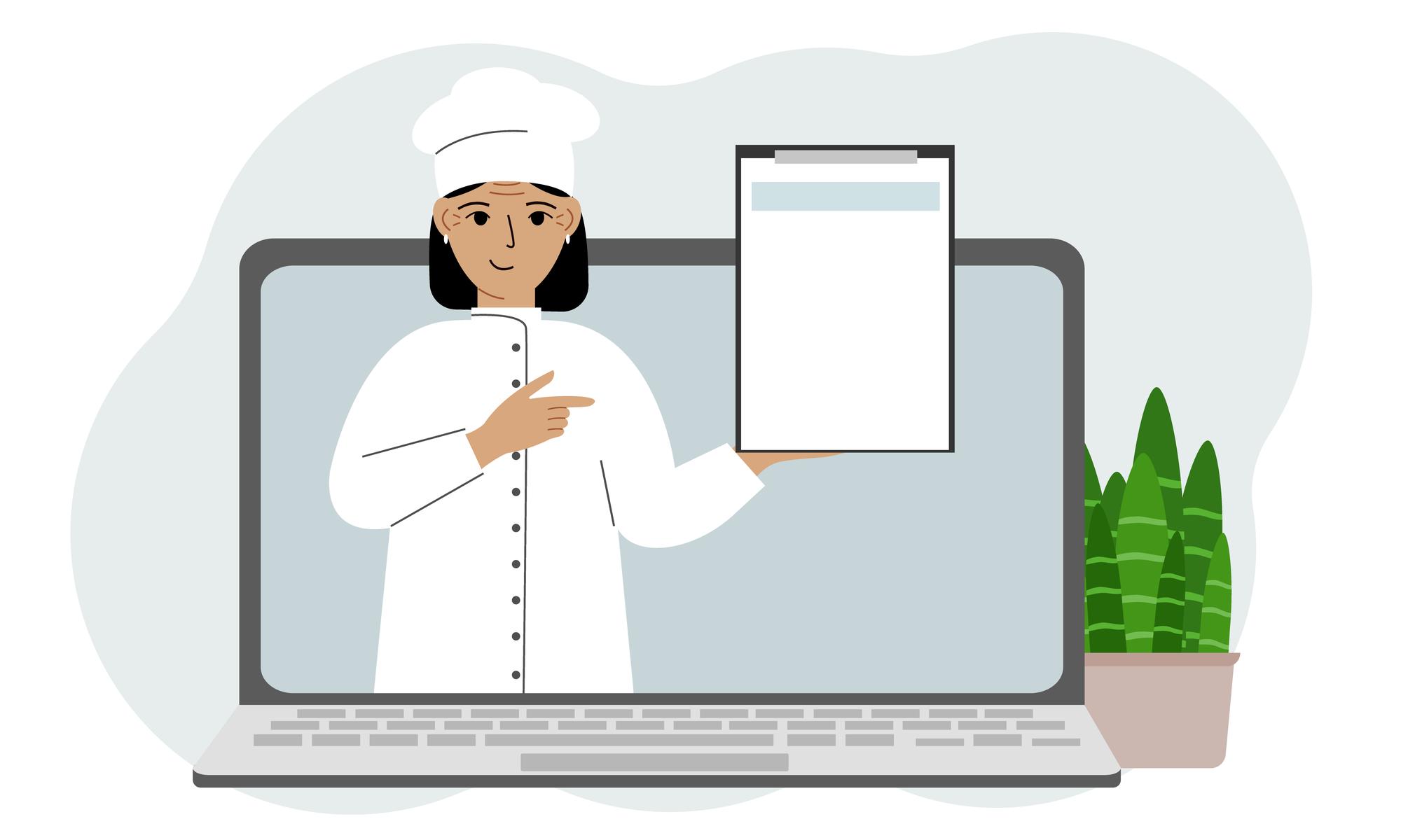 Chef insegna una tecnica di taglio davanti a laptop